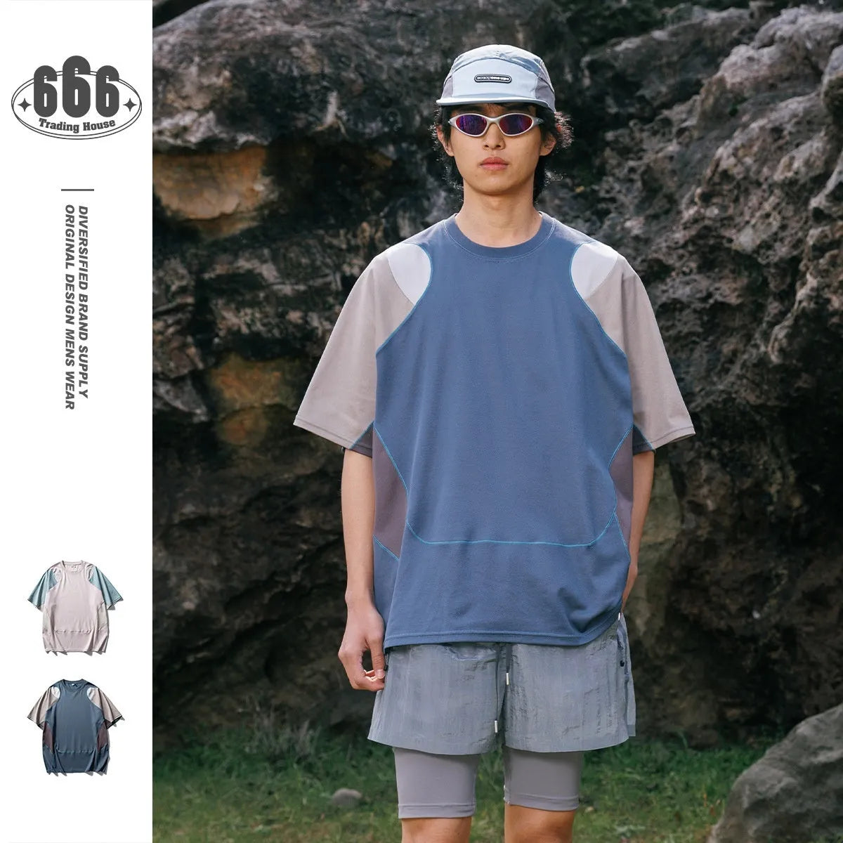 Men's loose blue cotton blend sports T-shirt with raglan short sleeves on hanger