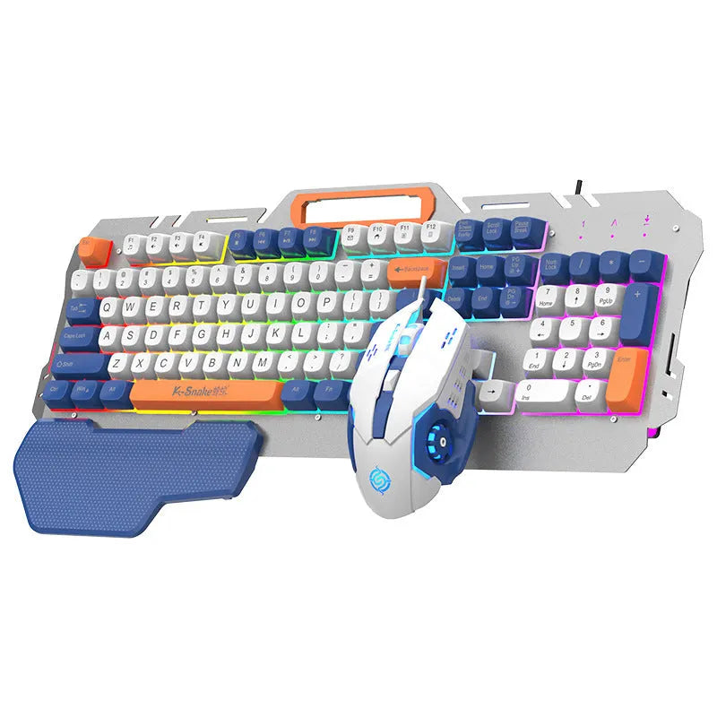 Blue wired gaming keyboard and mouse set with backlit keys on dark surface
