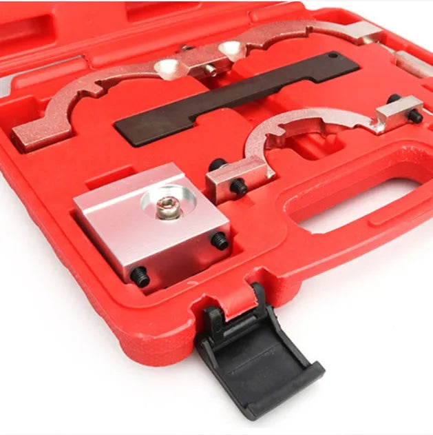 Opel 1.4 LUJ engine timing tool kit with seven red chrome-vanadium steel tools on a grey background.