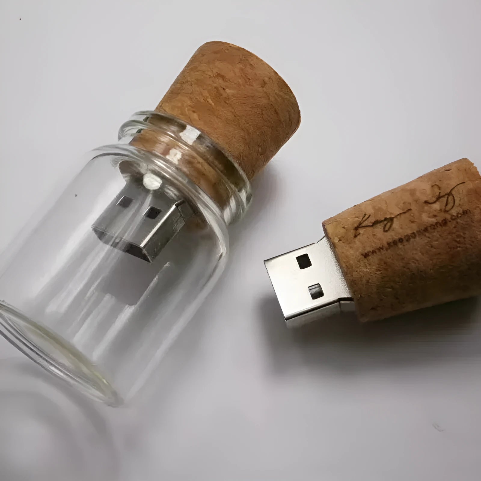 Wooden wish bottle shaped USB flash drive in transparent colour, showing scale.
