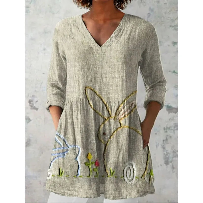 Women's printed loose dress with 3/4 sleeves and wide waist in colourful pattern