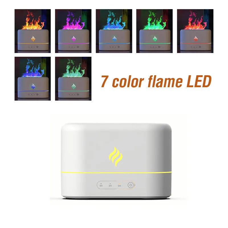 Black or white USB-powered humidifier with seven-colour flame effect lighting and mist outlet