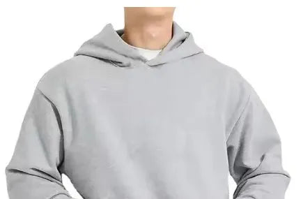 Men's grey fleece-lined pullover hoodie with wool interior showing long sleeves and solid colour design
