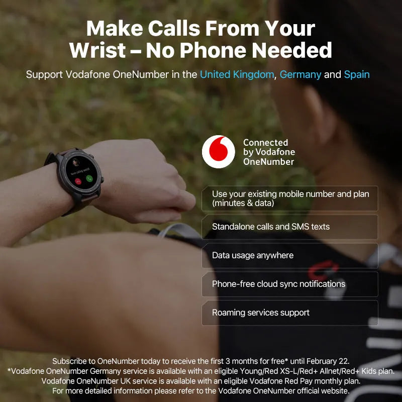 Ticwatch Pro X black smartwatch on wrist showing dual-layer display with time and heart rate.