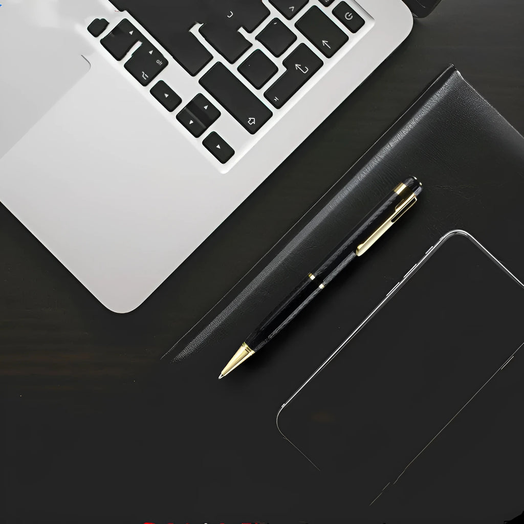 Black pen-shaped digital voice recorder with zinc alloy shell, shown with included headset and cable.
