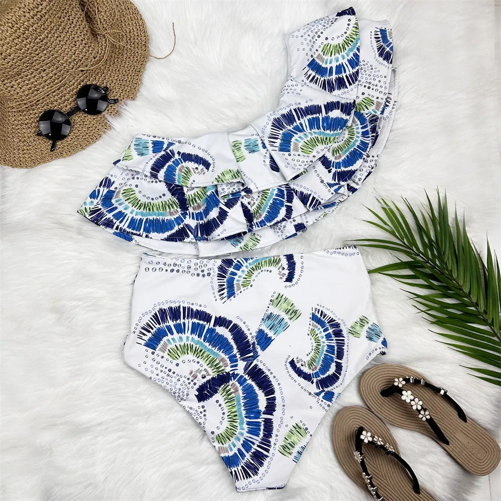 White women's one-shoulder swimsuit with double-layer construction and lotus leaf design