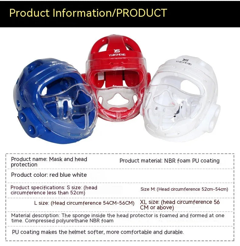 A blue, red, or white karate helmet for boxing head protection, shown in sizes S, M, L, and XL.
