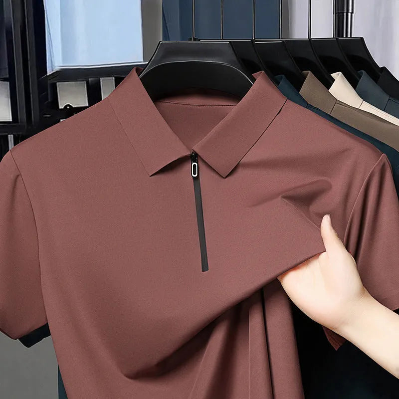 Men's half-zip seamless polo shirt in solid colour showing short sleeves and zip front, lightweight summer fabric