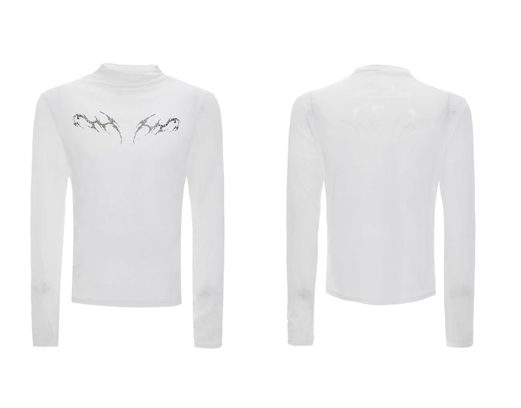 Men's black mesh bottoming shirt with slim fit design and long sleeves showing cooling fabric construction