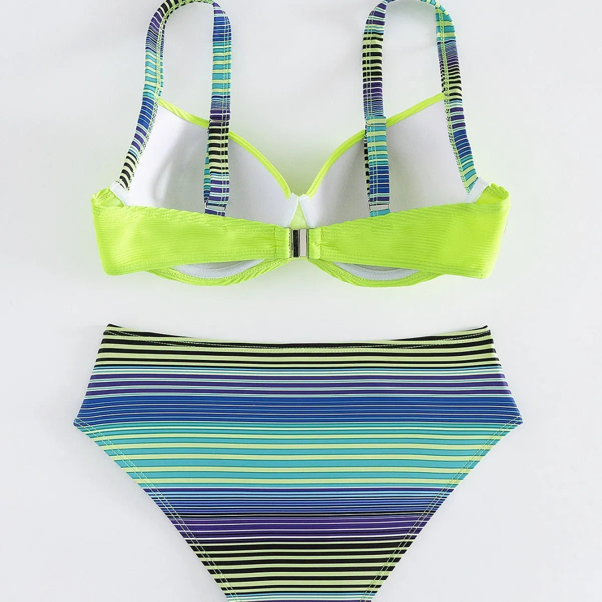 Green printed halter neck bikini set with split briefs on white background