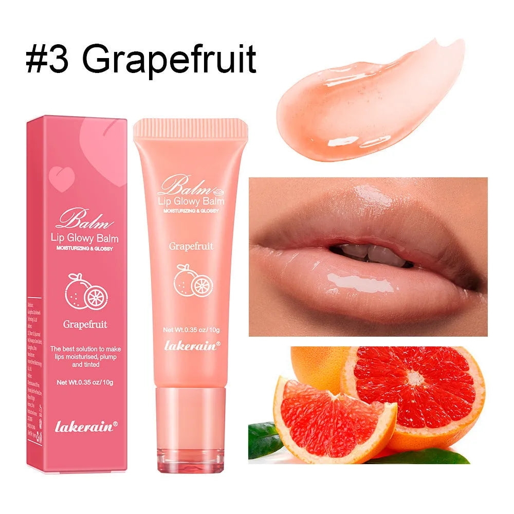Women's lip gloss in four fruit flavours: yellow peach, berry, grapefruit, and grape
