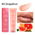 Women's lip gloss in four fruit flavours: yellow peach, berry, grapefruit, and grape