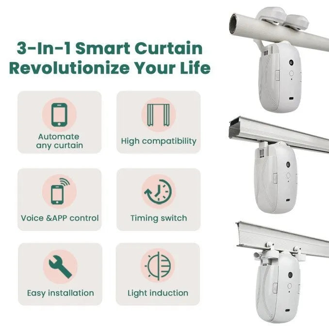 Smart curtain controller with Bluetooth, remote, and solar panel for Roman rod tracks