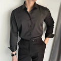 Men's spring summer slim fit solid colour leisure shirt in cardigan style, black colour option, on a model