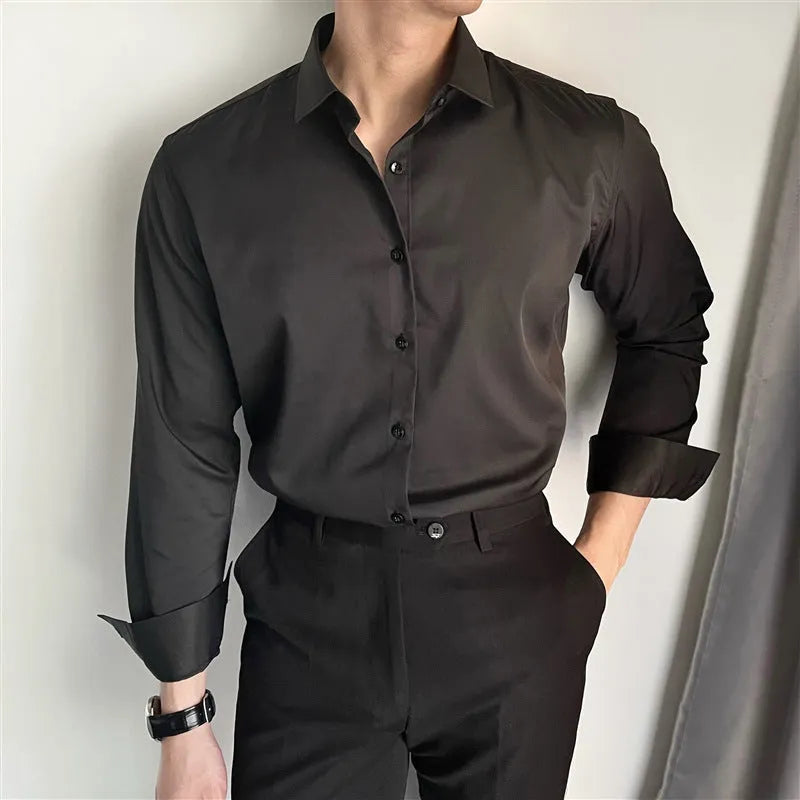 Men's spring summer slim fit solid colour leisure shirt in cardigan style, black colour option, on a model