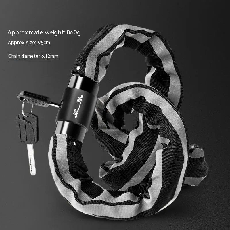 Black and yellow bicycle chain lock with 95cm length showing zinc alloy lock mechanism and steel links.