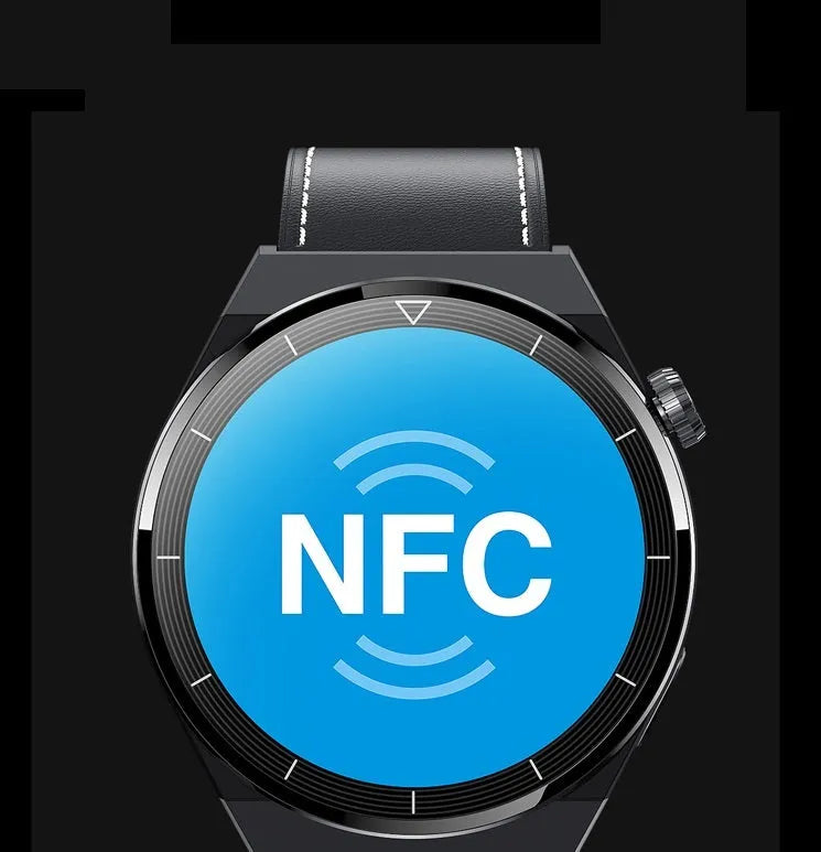 Round Android smart watch with black silicone strap showing Bluetooth and NFC functions