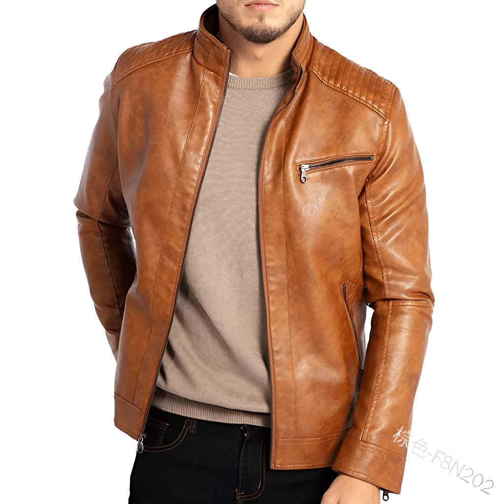 Men's brown artificial leather punk motorcycle jacket with stand collar and patch pockets on a hanger