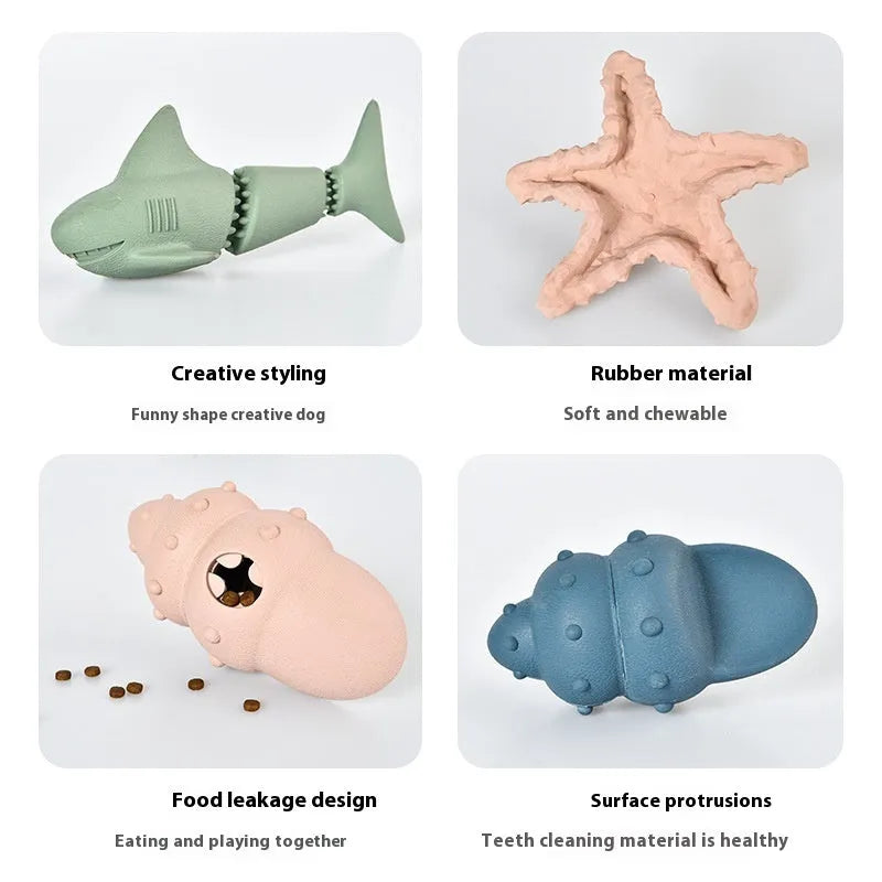 Deep sea shark rubber dog toy in blue or green colour with conch or starfish design options