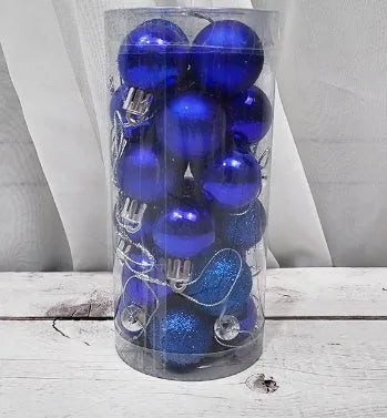 Small 3cm diameter shiny matte plastic Christmas bauble in assorted colours including gold, red, silver, and blue.