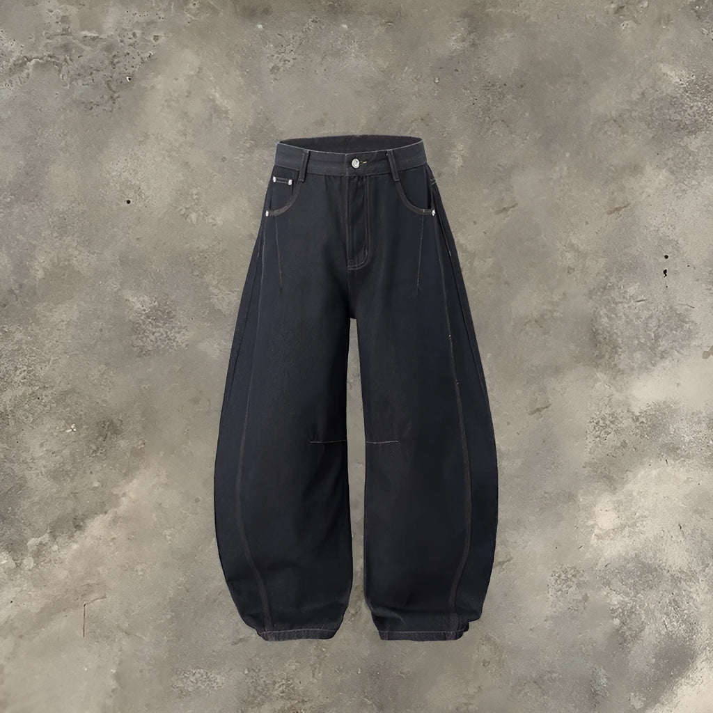 Men's wide leg denim trousers in original cow colour on a mid-waist model
