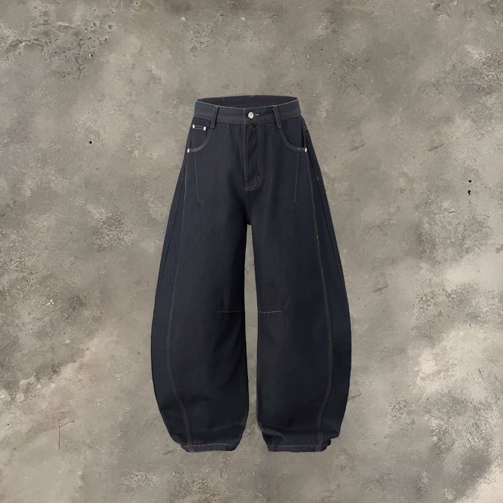 Men's wide leg denim trousers in original cow colour on a mid-waist model