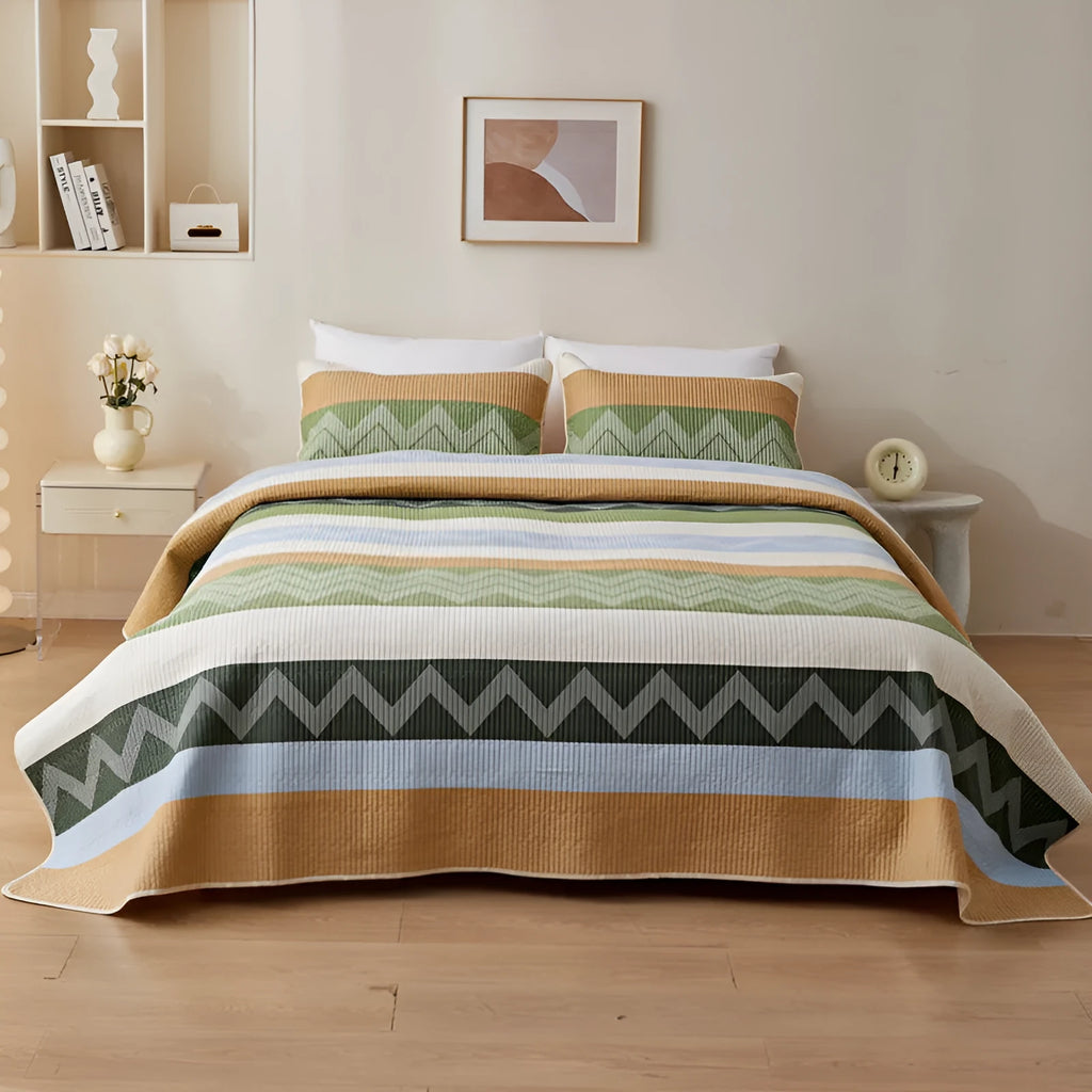 Pure cotton printed bed sheet set in a modern design for a 2.2 metre bed, showing two size options.