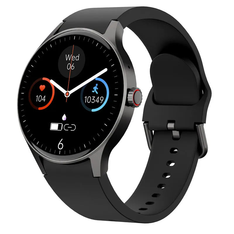 Black Bluetooth sport watch with round screen on wrist showing fitness metrics, IP68 waterproof rating for swimming.