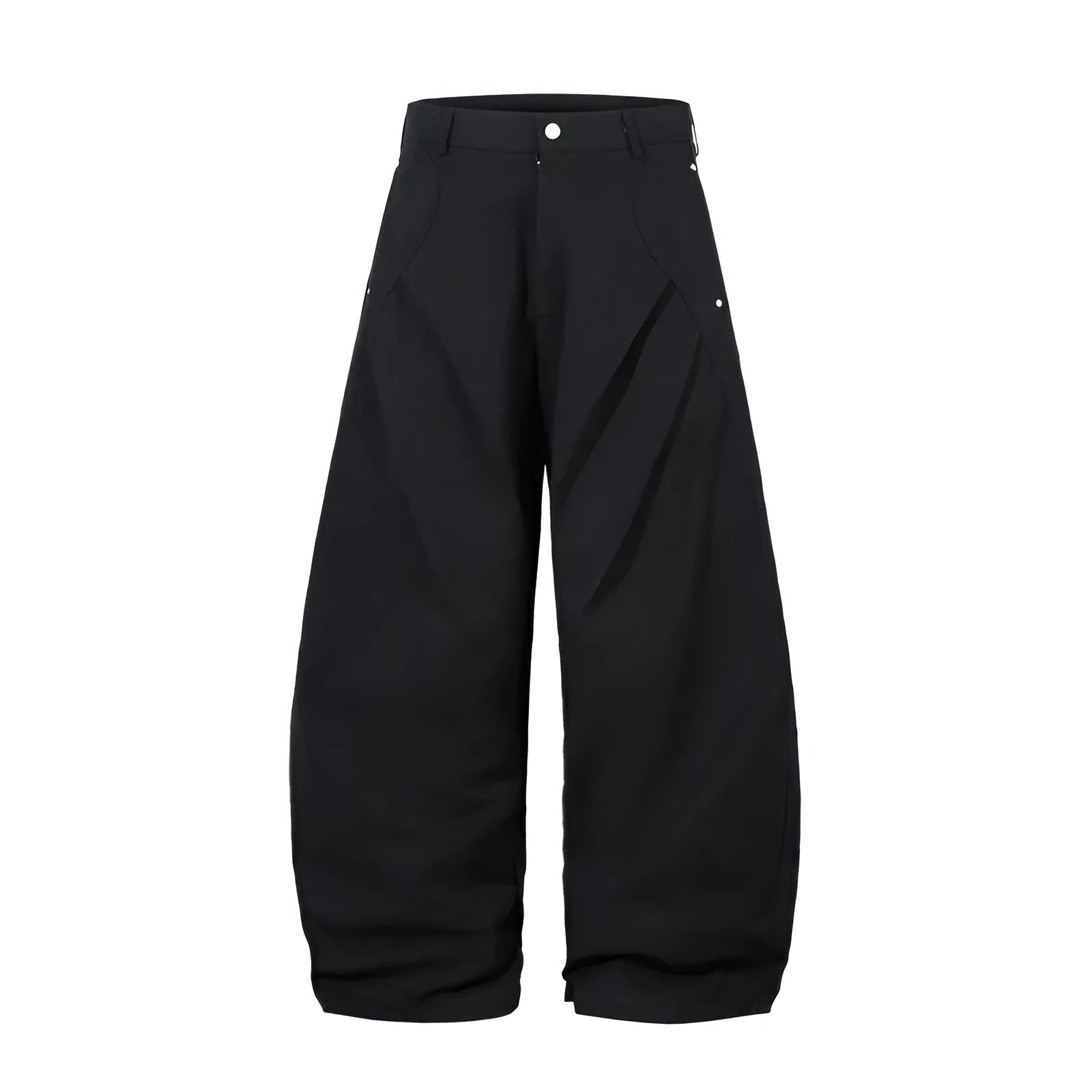 Men's black pleated casual trousers with wide-leg loose fit and machete pleat detailing
