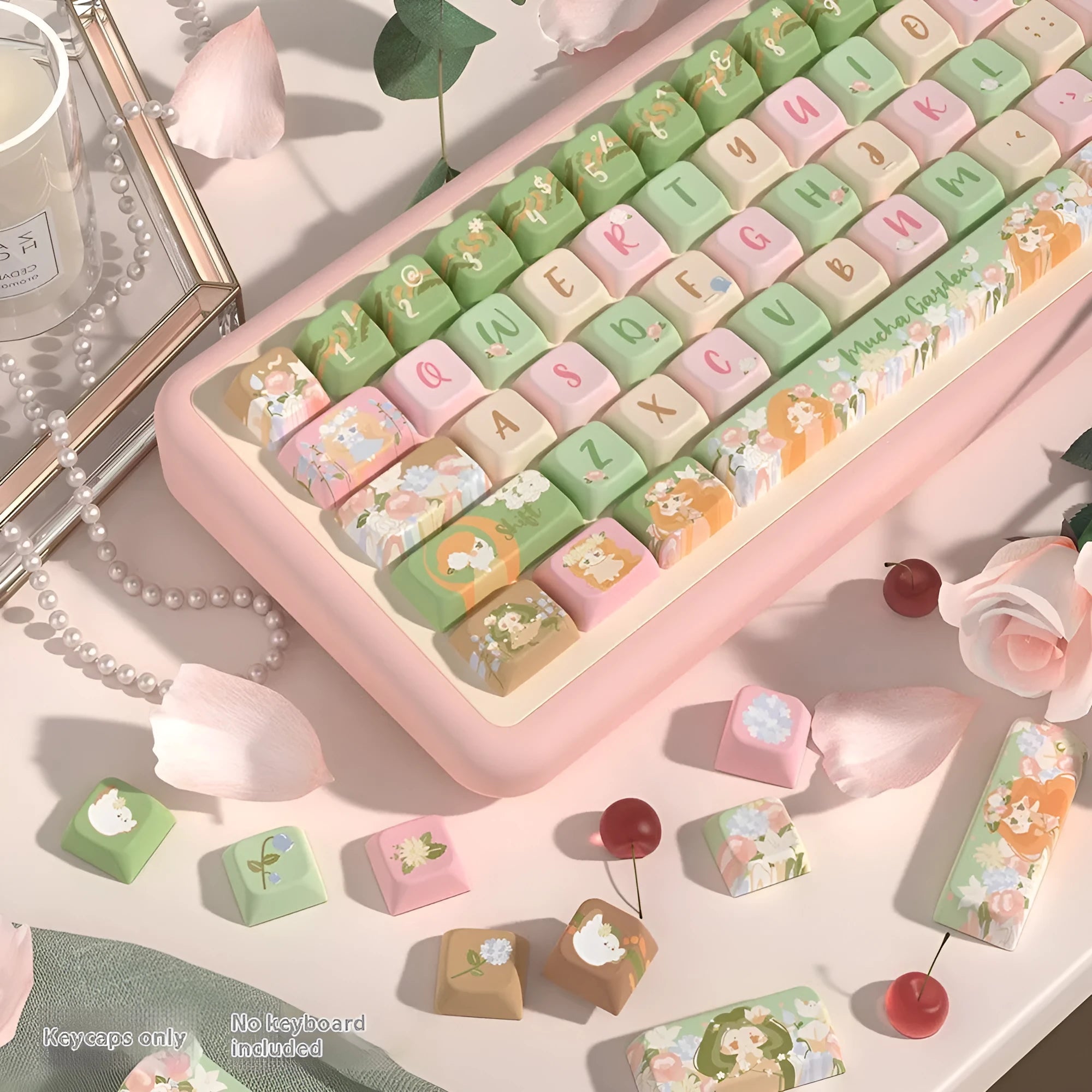 Mu Xia Garden Summer Garden custom PBT keycap set for mechanical keyboards, showing dye-sublimated designs.