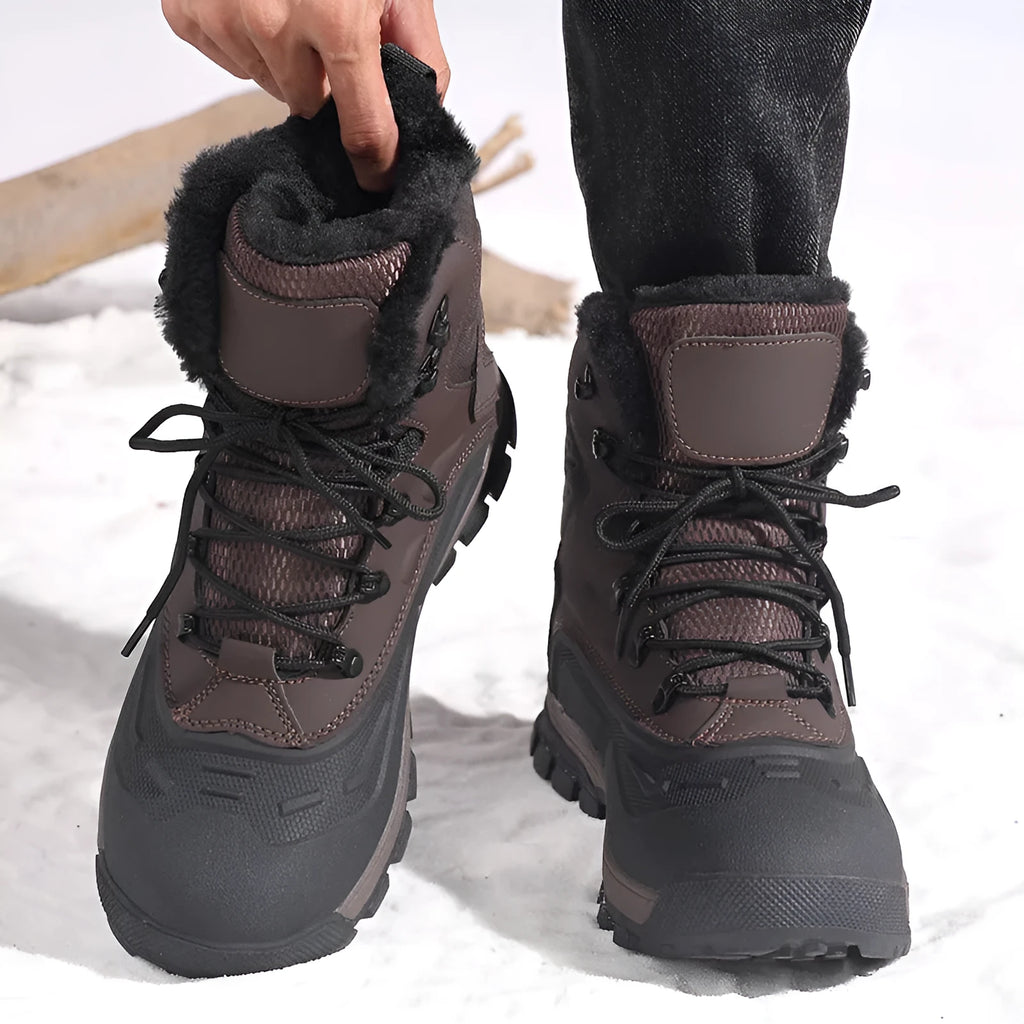 Men's black fleece-lined high-top lace-up boots on a ribbed TPR sole, showing tall crown design.