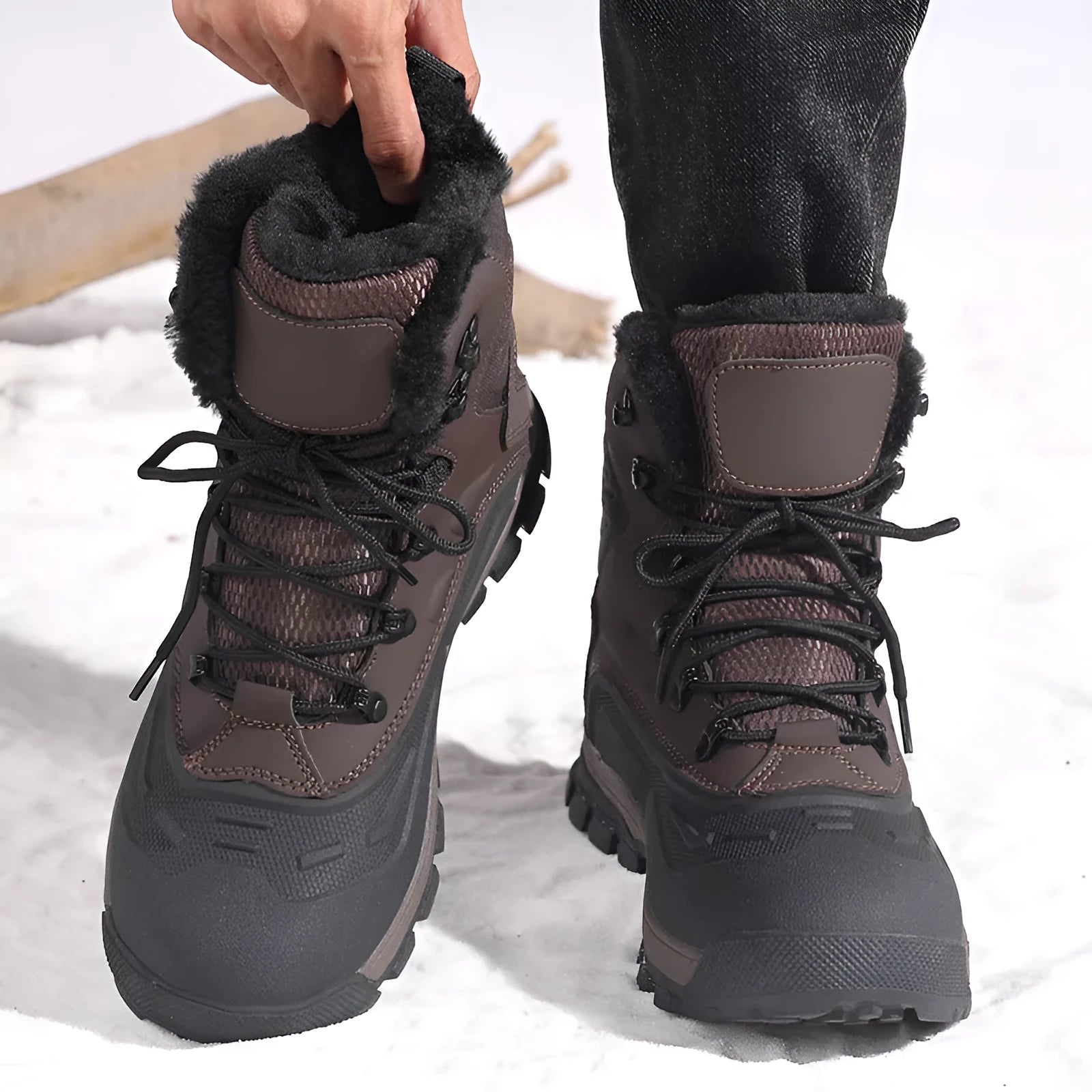 Men's black fleece-lined high-top lace-up boots on a ribbed TPR sole, showing tall crown design.