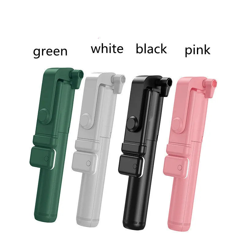 Black Bluetooth selfie stick tripod with phone holder showing 360-degree rotating head and aluminium alloy construction