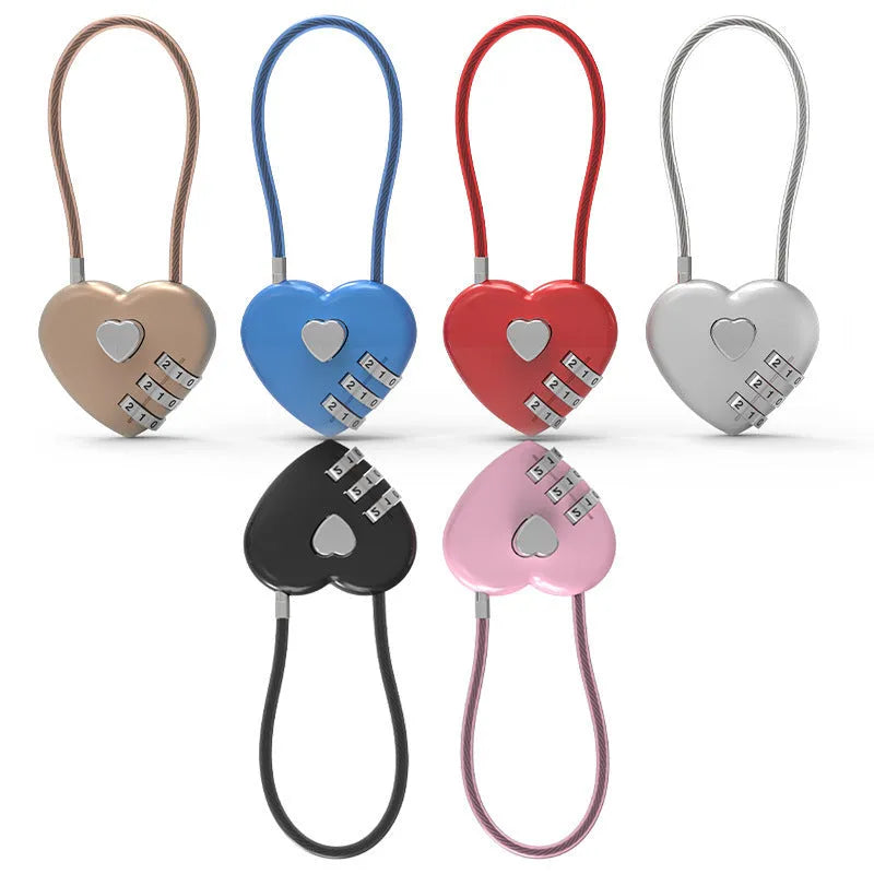 Heart-shaped wire rope lock in various colours with a steel cable, shown securing a bicycle helmet.