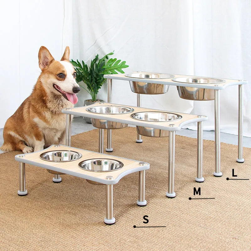 Adjustable height stainless steel dog food bowl rack with two bowls in black or silver, 400ml or 860ml
