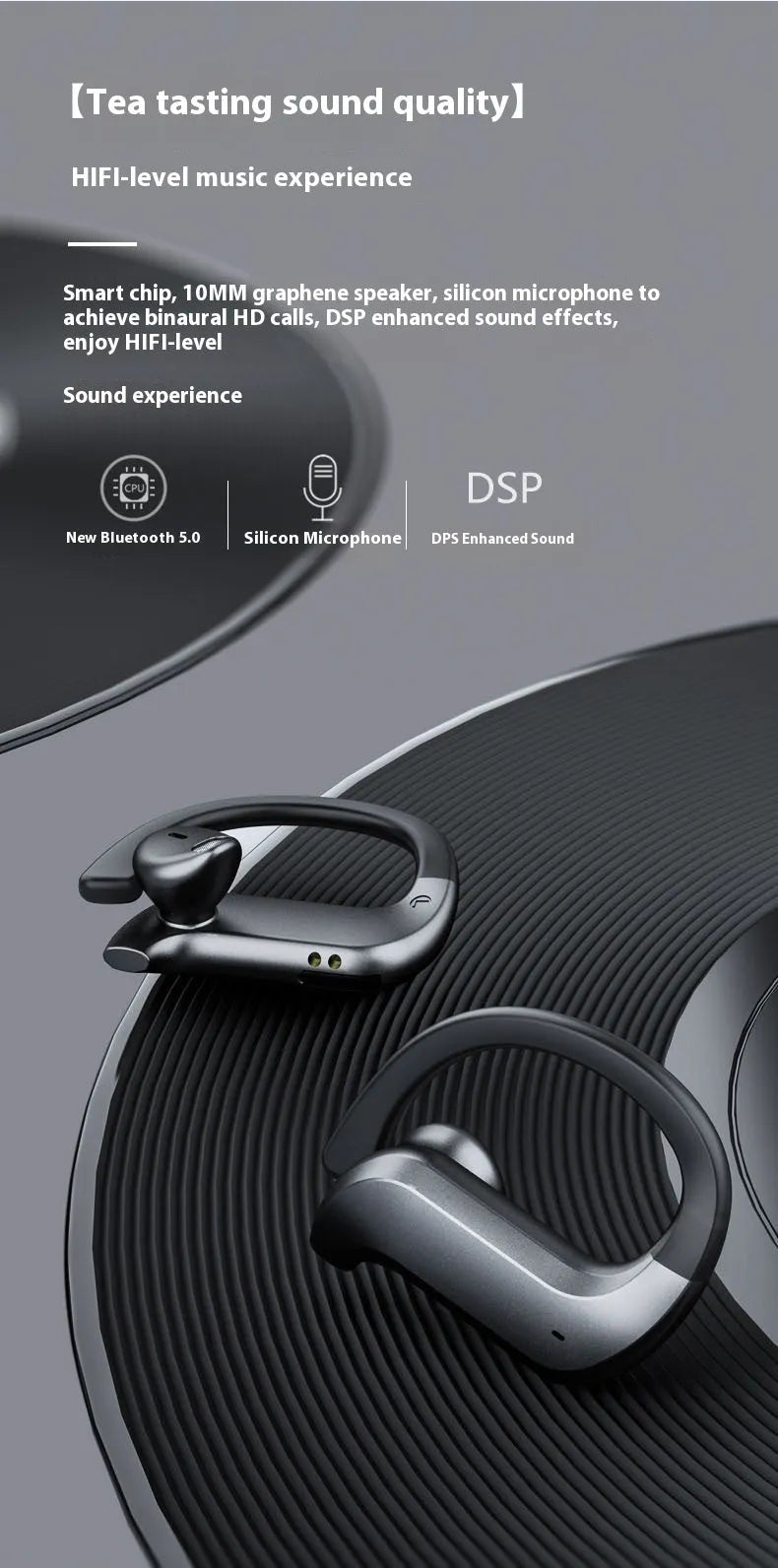 Black plastic ear-mounted wireless TWS Bluetooth headset with digital display screen for battery level