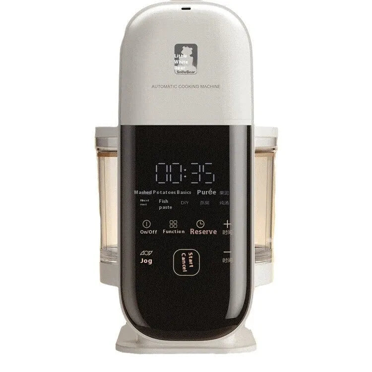 Beige baby cooking machine with stewing and stirring functions, 200ml capacity, stainless steel and ceramic construction