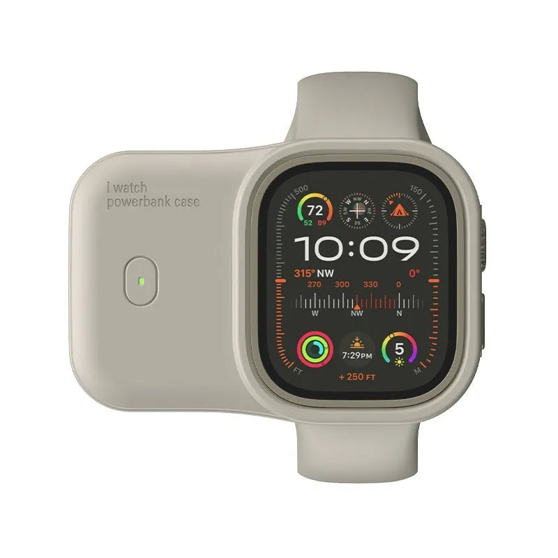 Apple Watch portable wireless charging case with silicone protective cover in Brown, Midnight Blue, or Starlight.