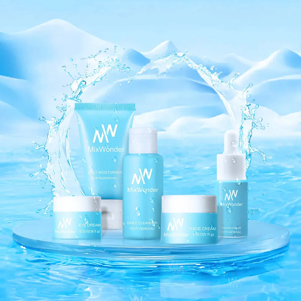 Five-piece facial care travel pack with moisturizing cleansing tonic, lotion, cream, and eyes lotion in portable packaging