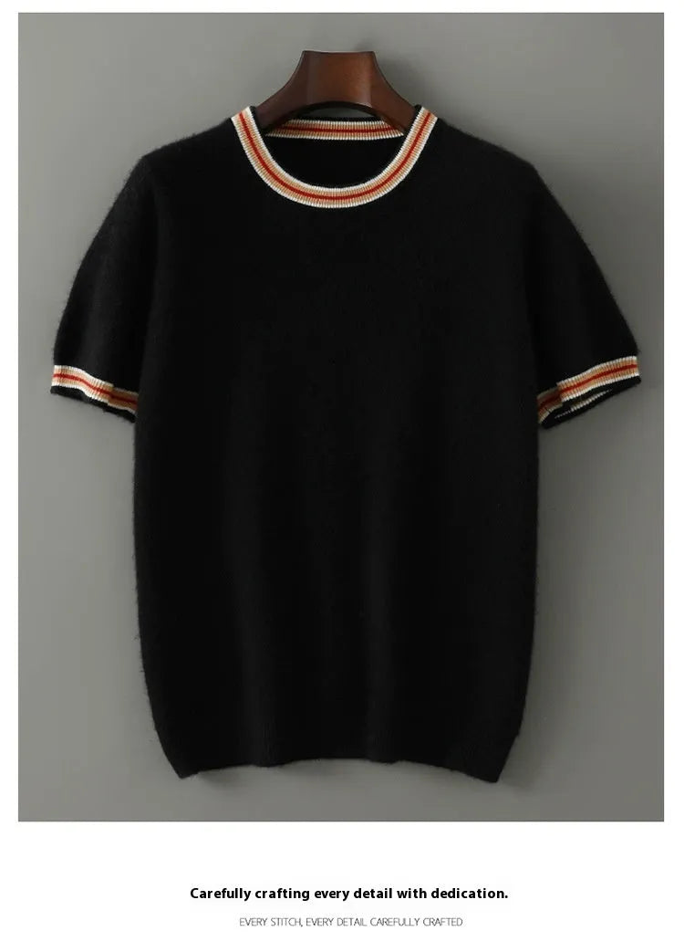Men's pure wool short sleeve sweater in gray, showing round neck and pullover style.