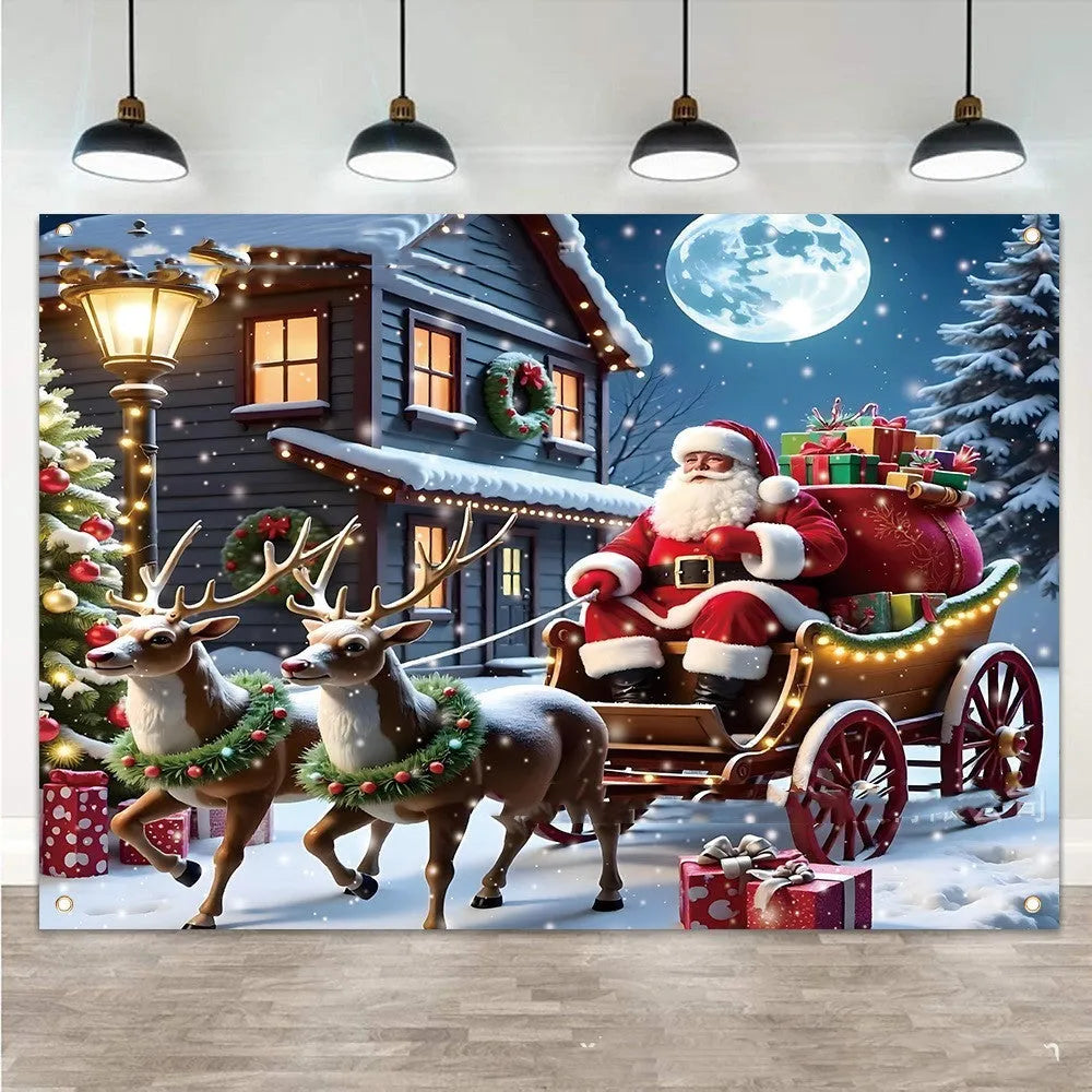 Red and white Christmas banner with Santa Claus design, measuring 210cm by 150cm.