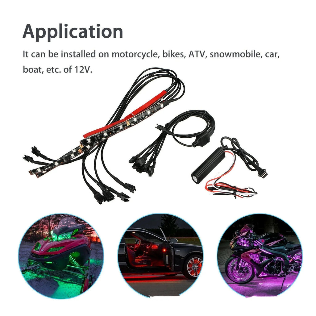 Black flexible silicone RGB LED light bar kit with remote control for motorcycle and car atmosphere lighting