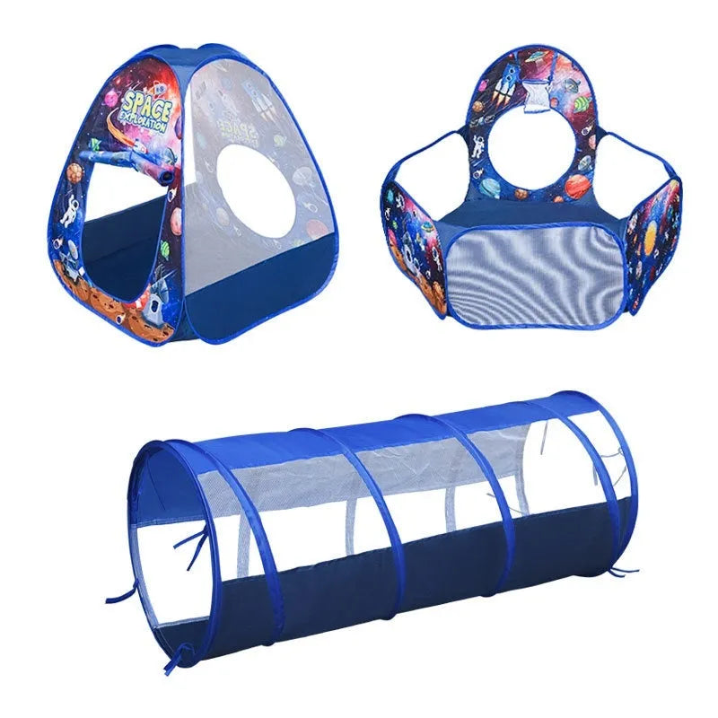 Children's three-in-one play tent set with ball pool and crawl tunnel in marine cartoon design