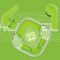 Wireless Bluetooth TWS headset with transparent earbuds in five colour options on a white background.