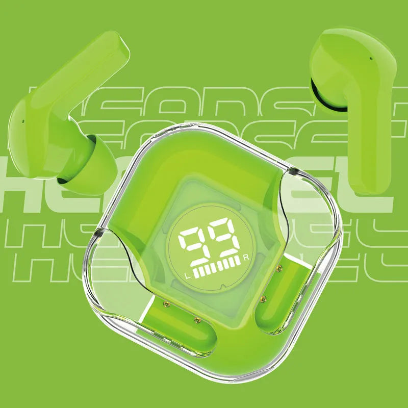 Wireless Bluetooth TWS headset with transparent earbuds in five colour options on a white background.
