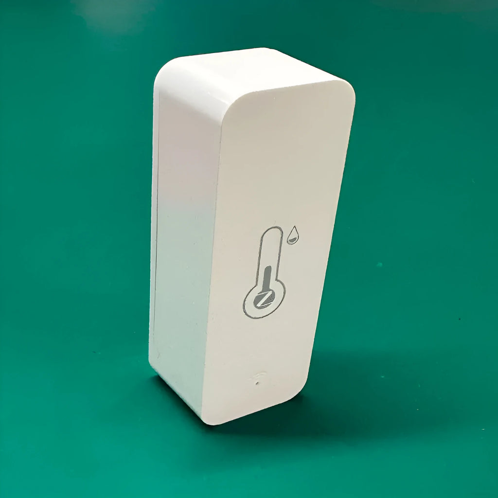 White rectangular WiFi temperature and humidity sensor with compact dimensions for smart home monitoring