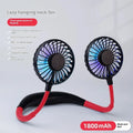 Charging mini portable halter fan with brushless motor, colourful breathing light, and three speed modes in black