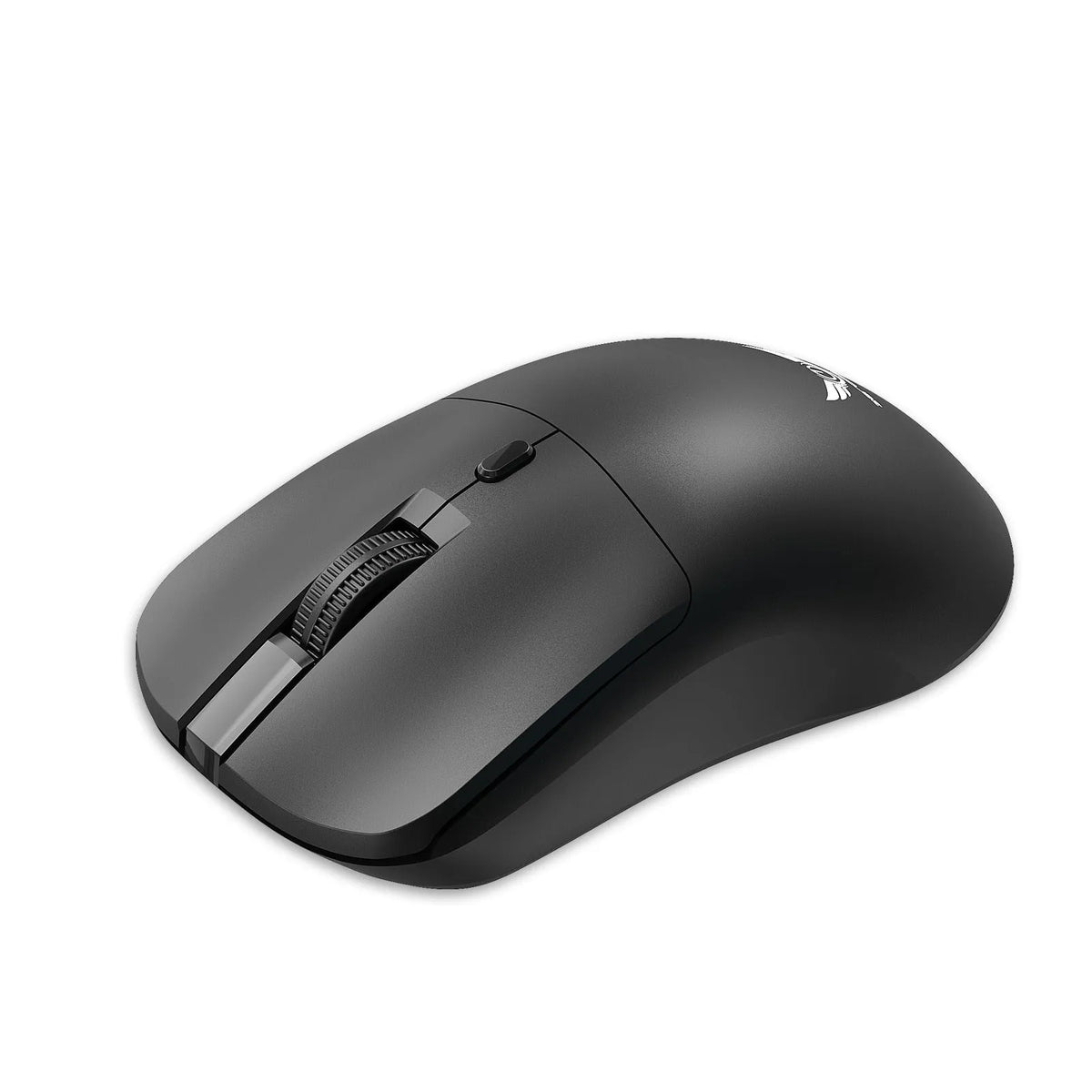 Black wireless computer mouse with three buttons and scroll wheel for laptop use