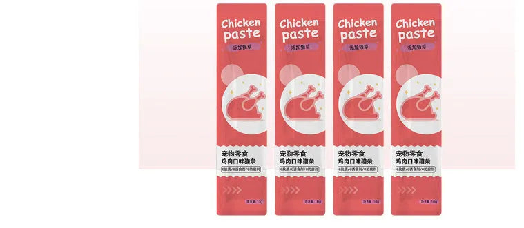 Pack of 10 cat strip snacks in four flavour varieties for feline nutrition