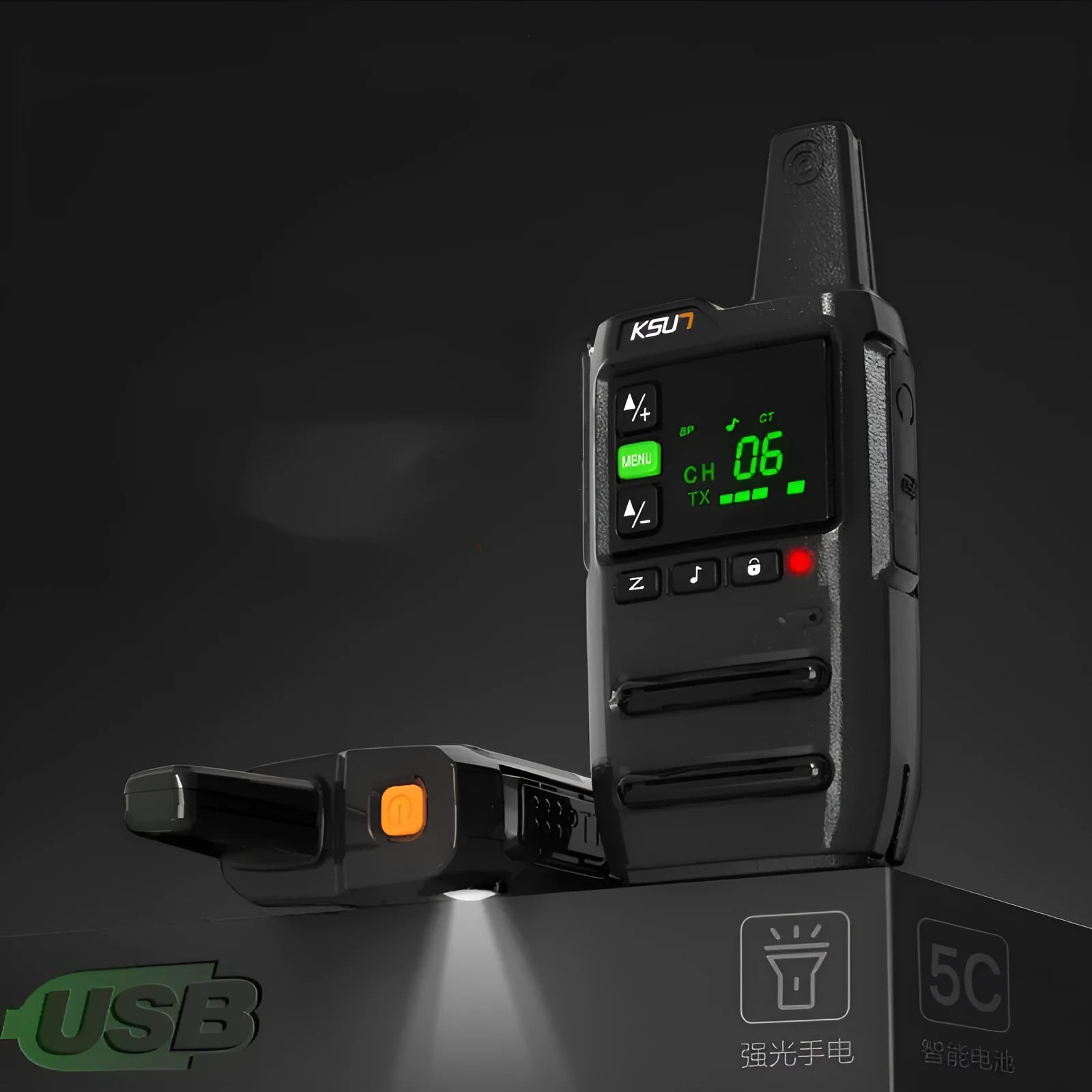 KSU7 civil high-power walkie-talkie in black finish, 5W 400-470MHz UHF, 88x48x18mm